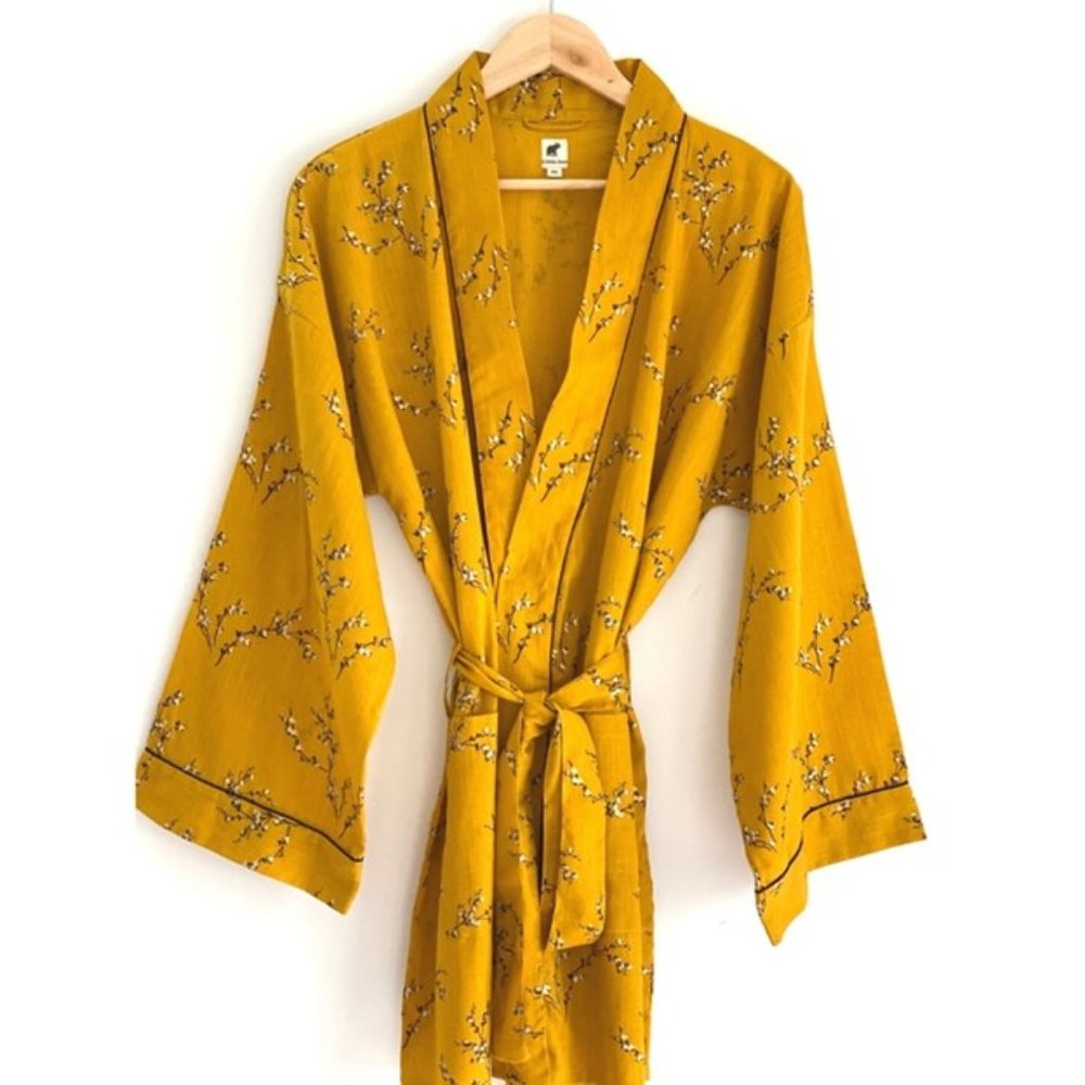 Yellow Japanese Blossom Print Linen Short Length Robe NWT